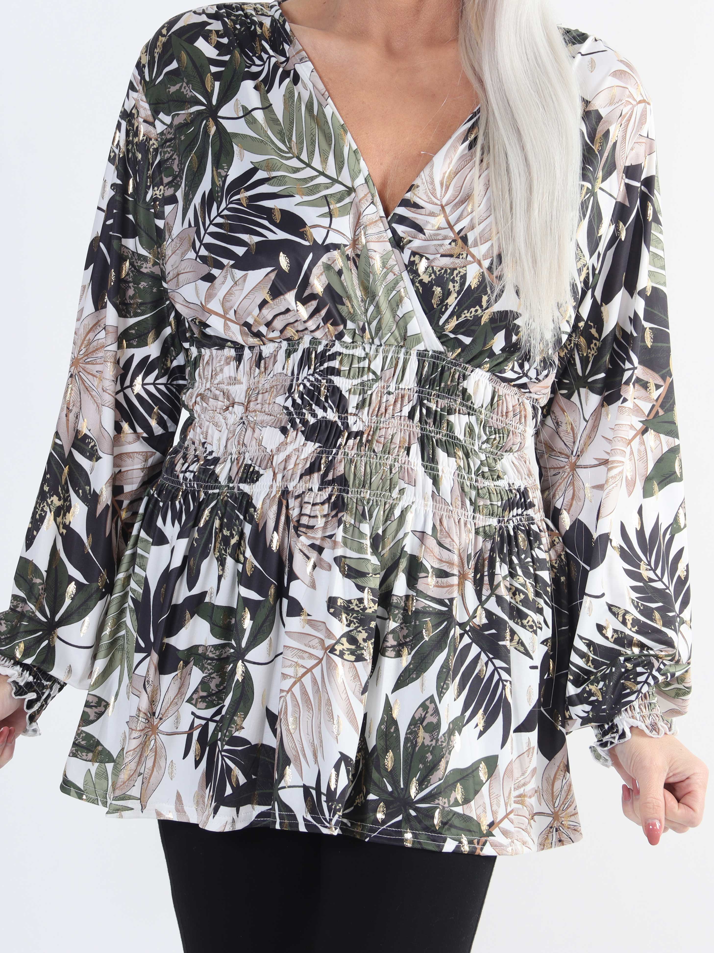 Pams Leaf Shirt L/S - Elastisk plus size bluse i krølfrit stof